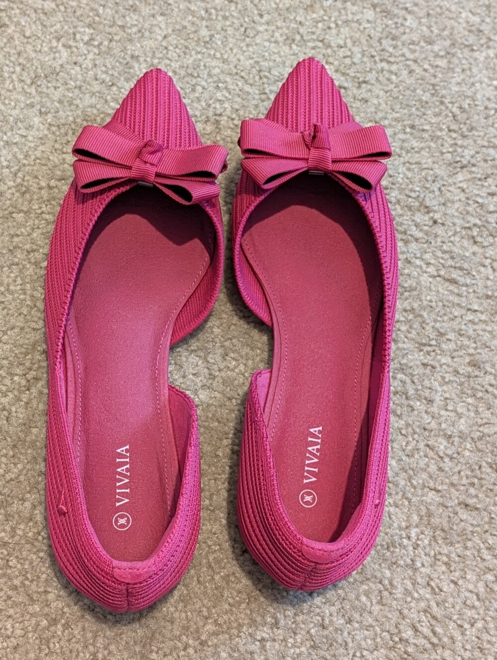 Vivaia Like New Pointed Toe d'Orsay Knit Flats w/ Removable Bows, Hot Pink
